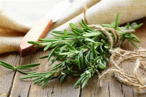 Šviežios rozmarino šakelės ant medinės lentelės šalia vištienos ingredientų
