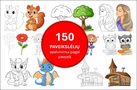 Daugybė skirtingų spalvinimo paveikslėlių pavyzdžių