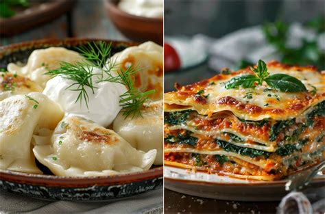 Įvairūs makaronų ir varškės patiekalai, pabrėžiantys jų universalumą