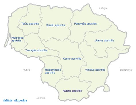 Lietuvos regionų žemėlapis su Raseinių ir Trakų rajonų žymėjimais