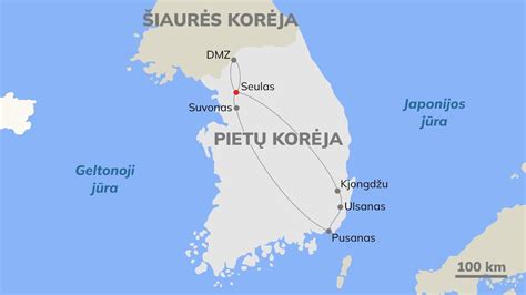 Pietų Korėjos miestų žemėlapis, kuriame pažymėti Inčonas, Kvandžu, Busanas, Seulas ir Ulsanas