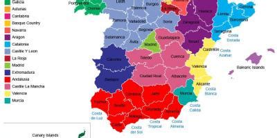 Žemėlapis su Ispanijos regionų pavadinimais