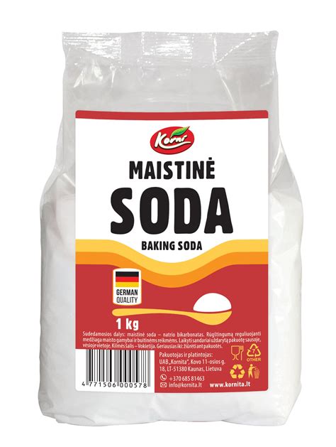 maistinė soda stiklinėje talpoje su šaukšteliu