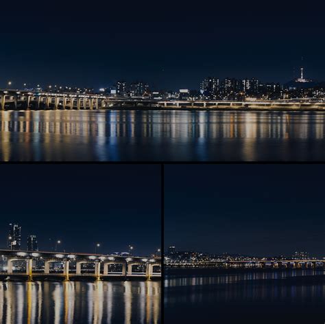 Hano upės panorama naktį su apšviestu Banpo tiltu