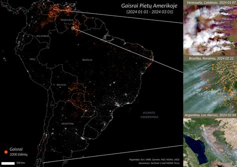 MODIS palydovo užfiksuoti gaisrų židiniai Pietų Amerikoje