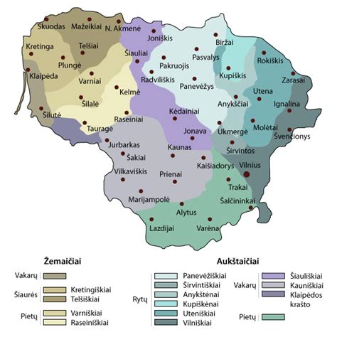 Lietuvos tarmių žemėlapis su pietų aukštaičių šnektų arealu