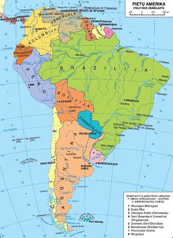 Pietų Amerikos fizinis žemėlapis su aukščiais ir upėmis