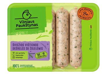 Vištienos dešrelės pakuotėje ir sudedamosios dalys