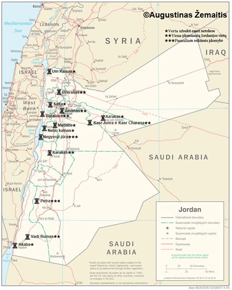Jordanijos žemėlapis su svarbiausiomis lankytinomis vietomis