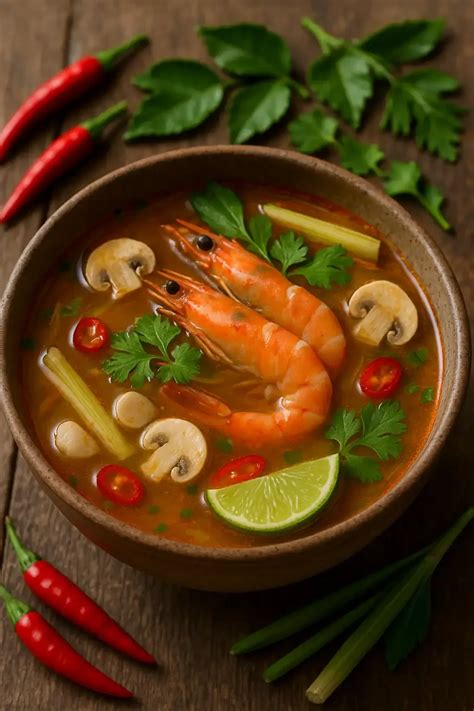 Tom Yum Goong sriubos ingredientų išdėstymas