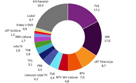 Lietuvos TV kanalų auditorijos dalies pasiskirstymas 2015 m.