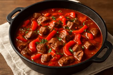 Švieži ingredientai: jautiena, paprika, svogūnai ir kmynai