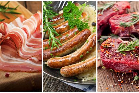 Perdirbtos mėsos produktai, tokie kaip dešrelės, šoninė, kumpis