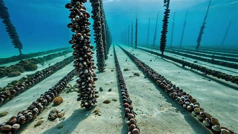 Mussel farm ropes in the sea
