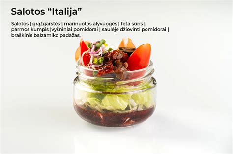 Salotų patiekimas indeliuose