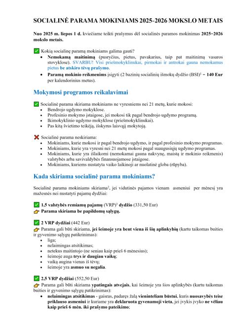 Mokinių socialinės paramos kriterijų infografika