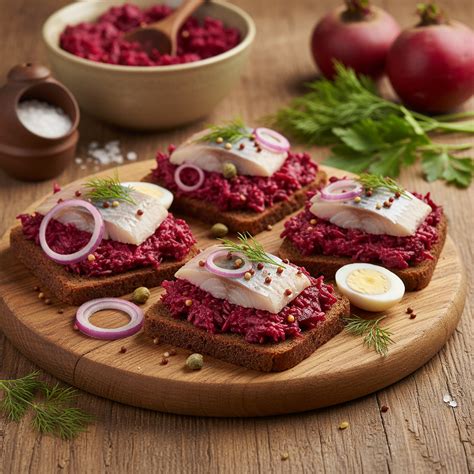 Daniški smørrebrød su silke ir burokėliais ant bulvės