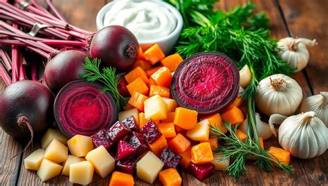 Visų ingredientų paruošimas klasikinei burokėlių sriubai