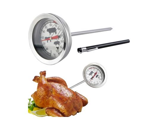 Mėsos termometras, rodantis optimalią vištienos temperatūrą