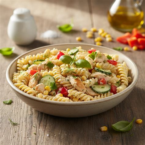Įvairių makaronų salotų ingredientų paletė ir jų derinimas