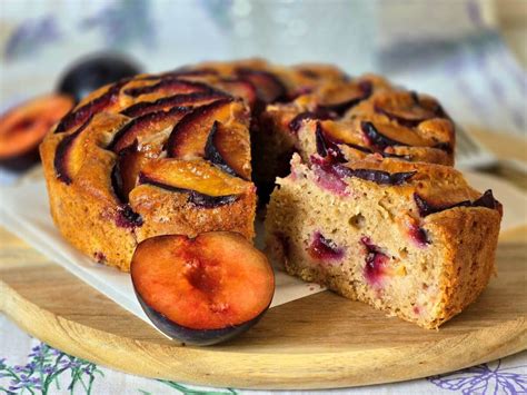 Plum cake slices with chocolate glaze