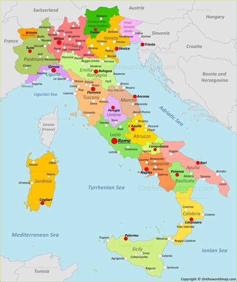 Pietų Italijos žemėlapis su pagrindiniais regionais
