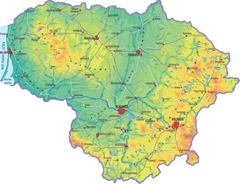 Lietuvos geografijos žemėlapis su aukščio žymėjimais