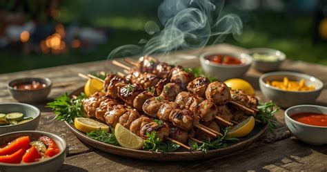 Įvairūs šašlykų ingredientai ir paruošti šašlykai ant grotelių