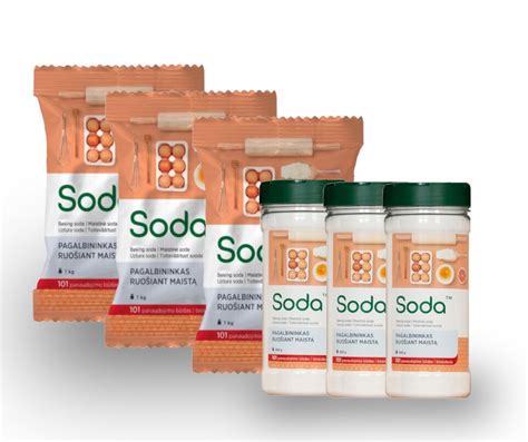 Maistinės sodos pakuotė ir šaukštelis su soda
