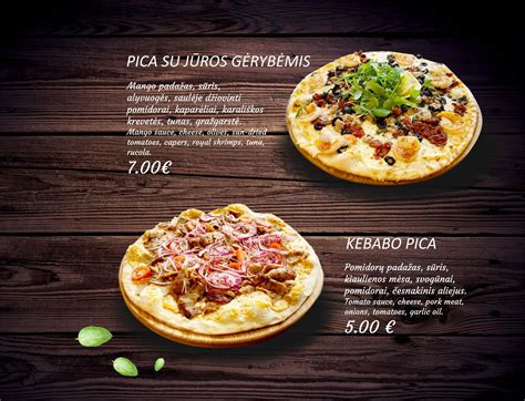 Milano picerijos meniu su įvairių picų pavadinimais