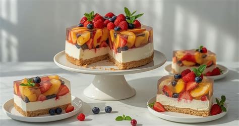 Supjaustytas želė tortas su vaisiais ir sausainių pagrindu