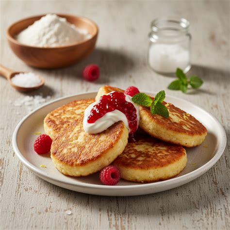 Nuotrauka su skirtingais varškėčių variantais ir padažais.