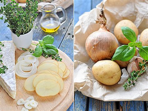 Nuotrauka su įvairių rūšių bulvėmis ir žolelėmis.