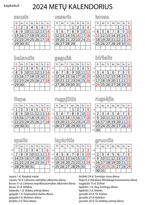 Kalendorius su pažymėtomis šventinėmis dienomis