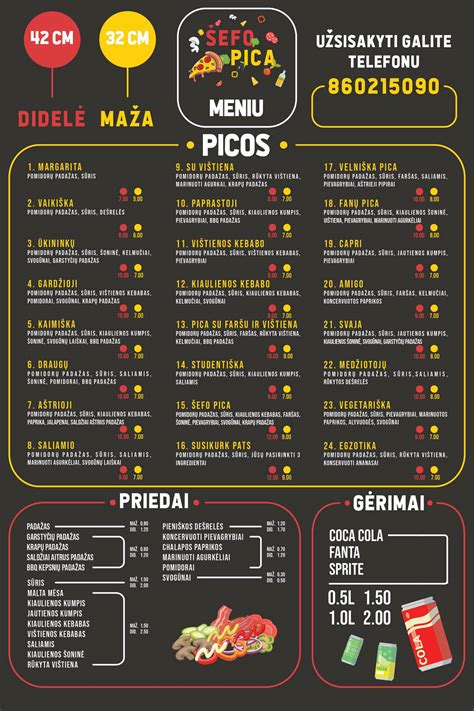 Įvairūs patiekalai „Piri Pica“ meniu