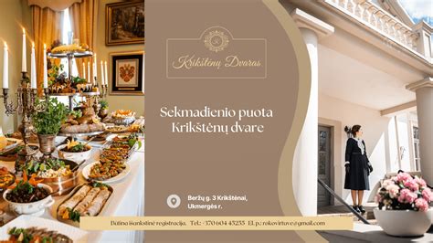 Sekmadienio brančo stalas su elegantiškai patiektais užkandžiais, pagrindiniais patiekalais ir desertais
