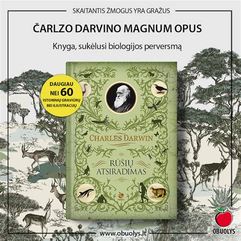 Čarlzo Darvino portretas ir jo knyga „Rūšių kilmė“