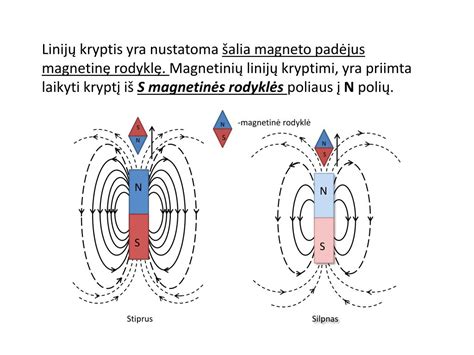 Magnetinio lauko linijų schema tarp šiaurės ir pietų polių