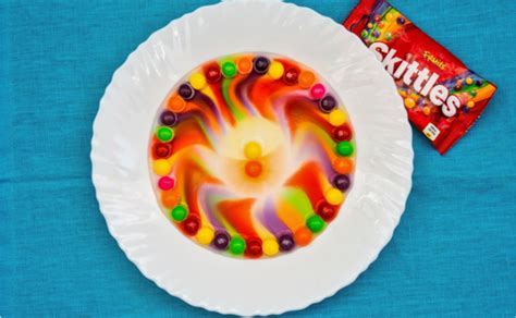 Skittles saldainių tirpimo eksperimentas