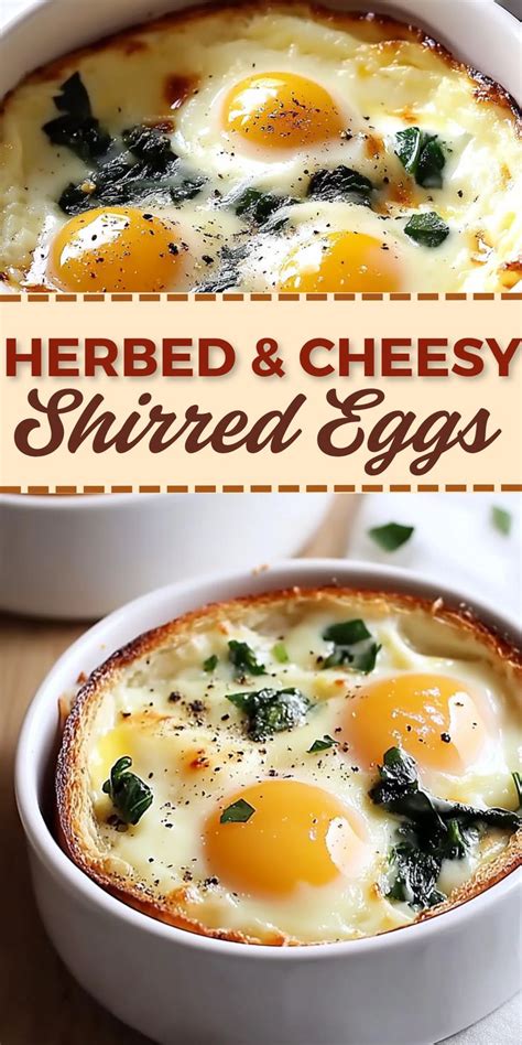 Shirred eggs in ramekins with herbs and cheese