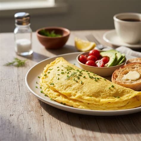Tobulai iškeptas omletas patiekiamas lėkštėje