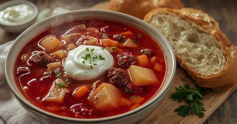 Sotių ukrainietiškų barščių su dešrelėmis lėkštė
