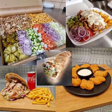 Noriupicos.lt siūlomų įvairių patiekalų (picų, burgerių, kebabų, makaronų) asortimento koliažas
