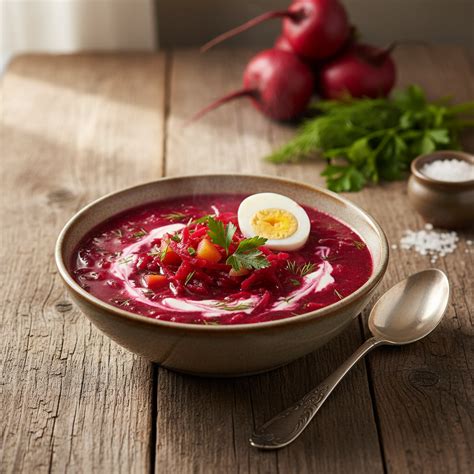 Burokėlių sriubos pagrindiniai ingredientai ant virtuvės stalo