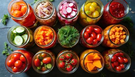 Homemade canning jars with preserved meat and vegetables
