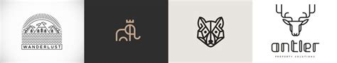 Įvairių logotipų dizaino pavyzdžiai ir jų elementai