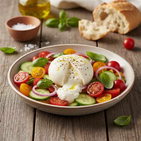 Šviežia burrata su pomidorais, bazilikais ir alyvuogių aliejumi