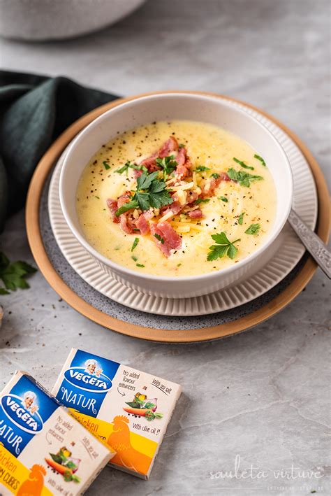 Pakuotės su paruošiama sūrio sriuba ir jos ingredientų sąrašu
