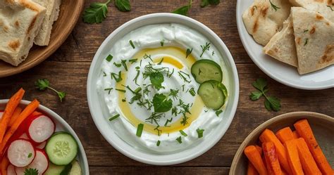 Graikiško tzatziki padažo dubenėlis su pita duona ir šviežiomis daržovėmis