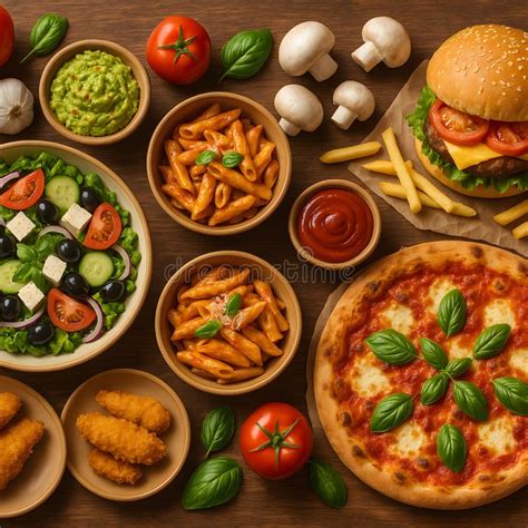 Assortment of different dishes (pizza, burger, pasta)